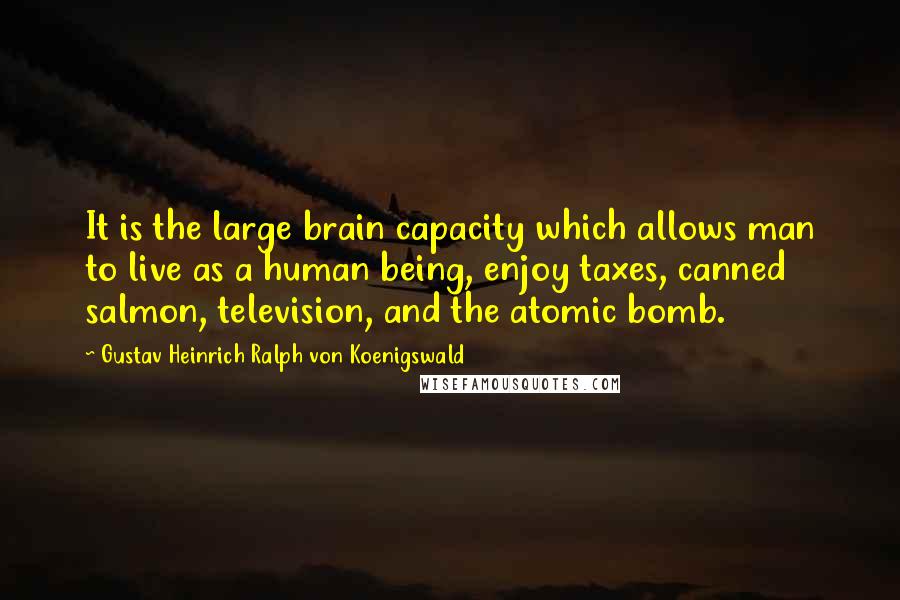 Gustav Heinrich Ralph Von Koenigswald Quotes: It is the large brain capacity which allows man to live as a human being, enjoy taxes, canned salmon, television, and the atomic bomb.