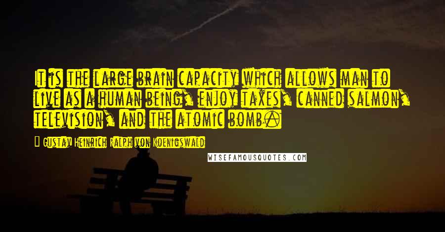 Gustav Heinrich Ralph Von Koenigswald Quotes: It is the large brain capacity which allows man to live as a human being, enjoy taxes, canned salmon, television, and the atomic bomb.