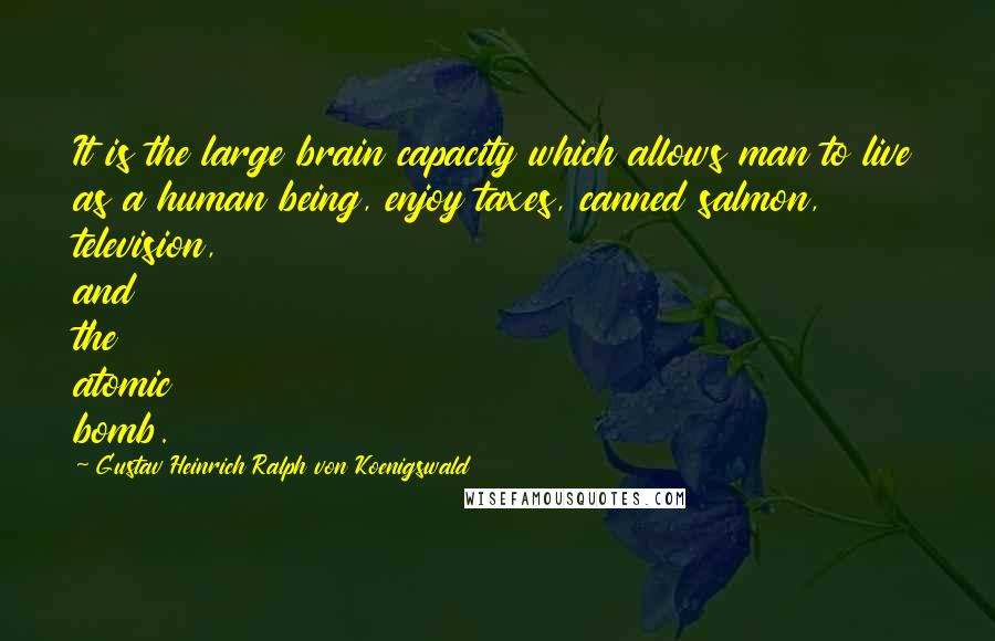 Gustav Heinrich Ralph Von Koenigswald Quotes: It is the large brain capacity which allows man to live as a human being, enjoy taxes, canned salmon, television, and the atomic bomb.