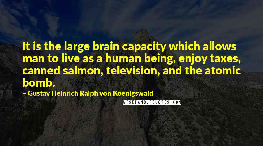 Gustav Heinrich Ralph Von Koenigswald Quotes: It is the large brain capacity which allows man to live as a human being, enjoy taxes, canned salmon, television, and the atomic bomb.