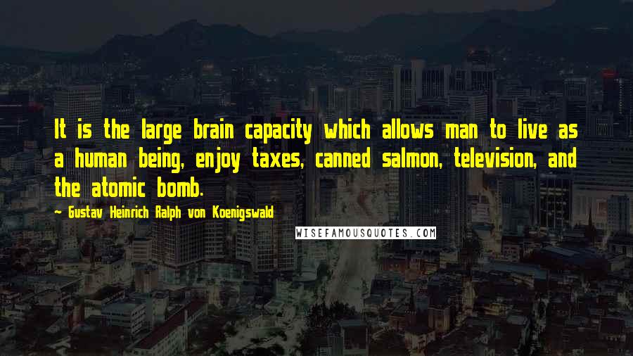 Gustav Heinrich Ralph Von Koenigswald Quotes: It is the large brain capacity which allows man to live as a human being, enjoy taxes, canned salmon, television, and the atomic bomb.