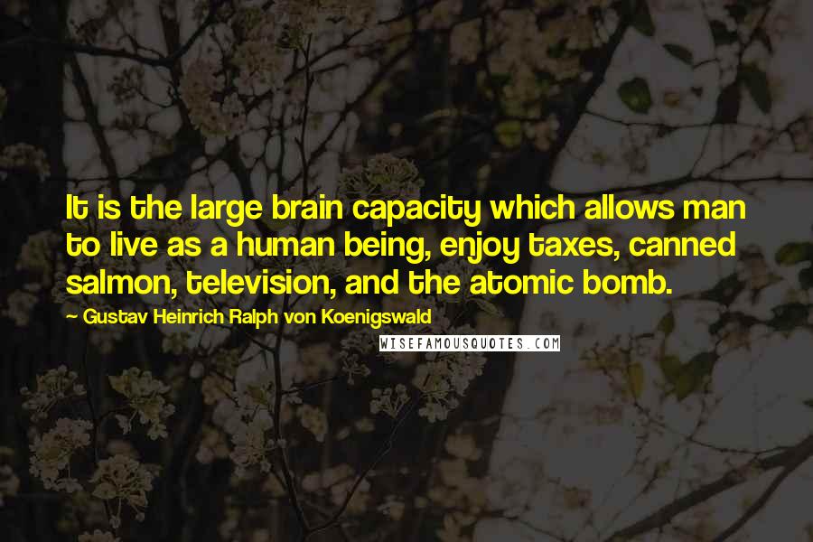 Gustav Heinrich Ralph Von Koenigswald Quotes: It is the large brain capacity which allows man to live as a human being, enjoy taxes, canned salmon, television, and the atomic bomb.