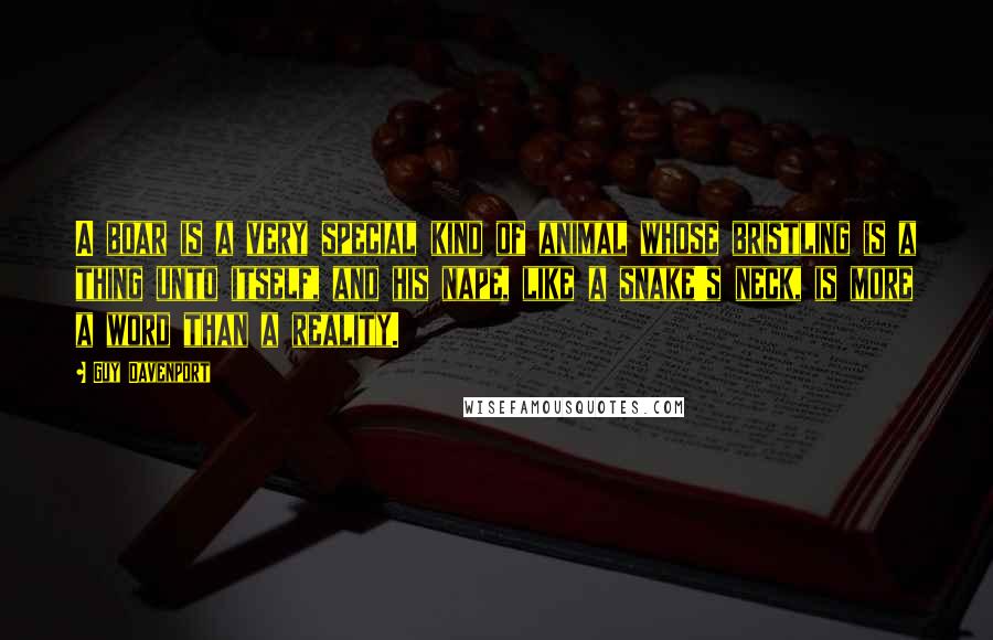 Guy Davenport Quotes: A boar is a very special kind of animal whose bristling is a thing unto itself, and his nape, like a snake's neck, is more a word than a reality.