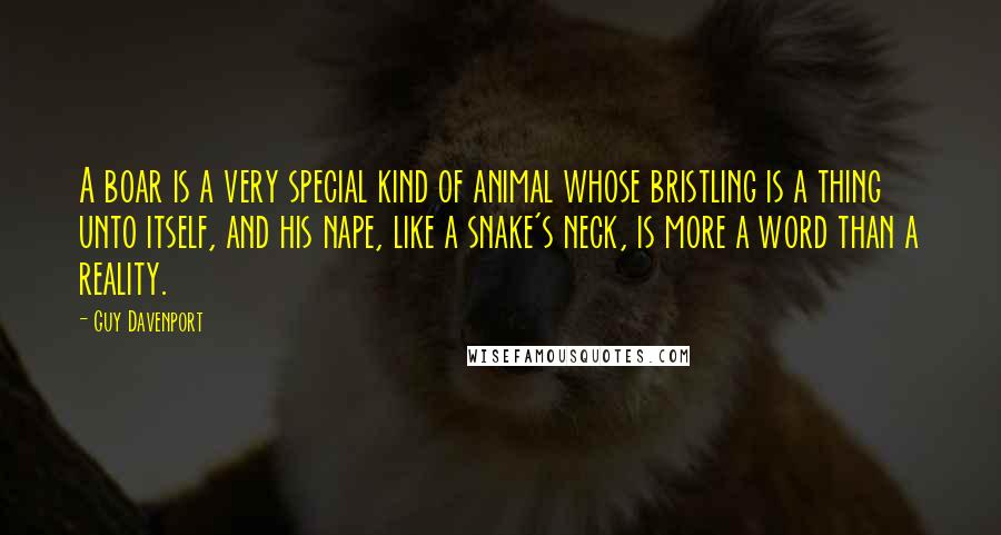 Guy Davenport Quotes: A boar is a very special kind of animal whose bristling is a thing unto itself, and his nape, like a snake's neck, is more a word than a reality.