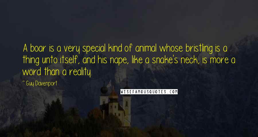 Guy Davenport Quotes: A boar is a very special kind of animal whose bristling is a thing unto itself, and his nape, like a snake's neck, is more a word than a reality.