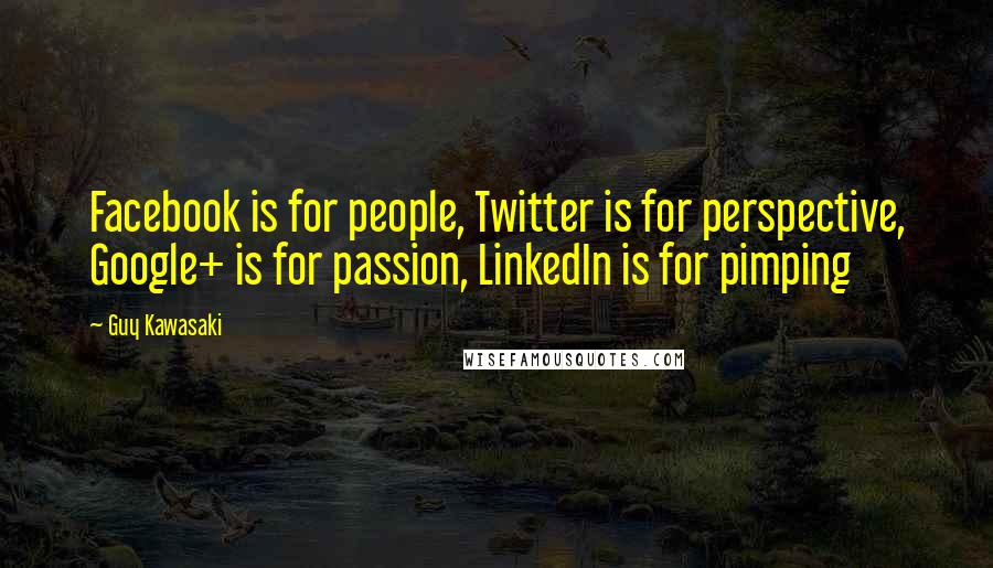 Guy Kawasaki Quotes: Facebook is for people, Twitter is for perspective, Google+ is for passion, LinkedIn is for pimping