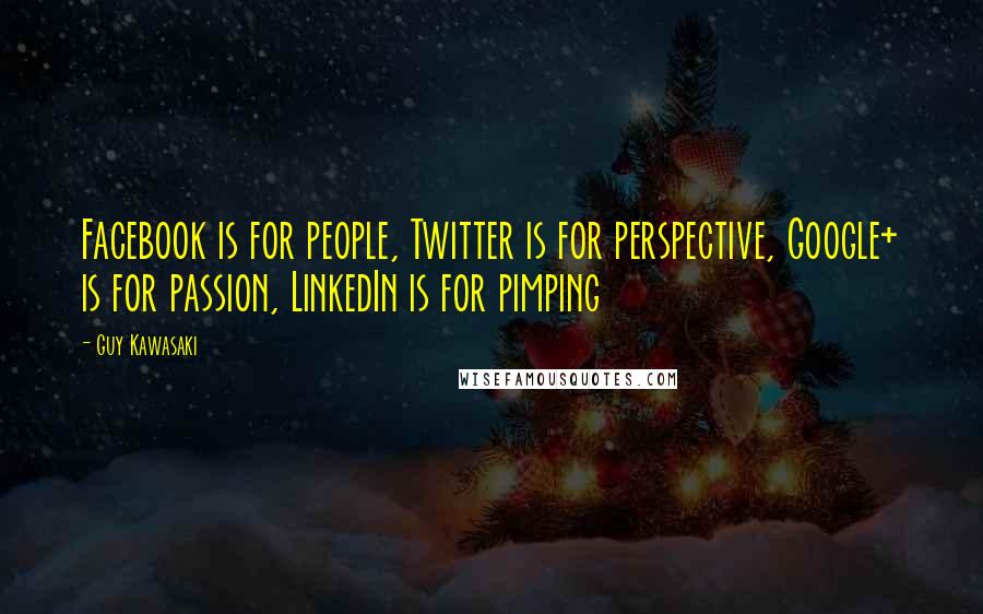 Guy Kawasaki Quotes: Facebook is for people, Twitter is for perspective, Google+ is for passion, LinkedIn is for pimping