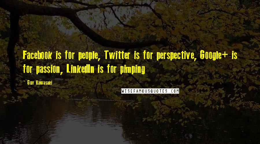 Guy Kawasaki Quotes: Facebook is for people, Twitter is for perspective, Google+ is for passion, LinkedIn is for pimping
