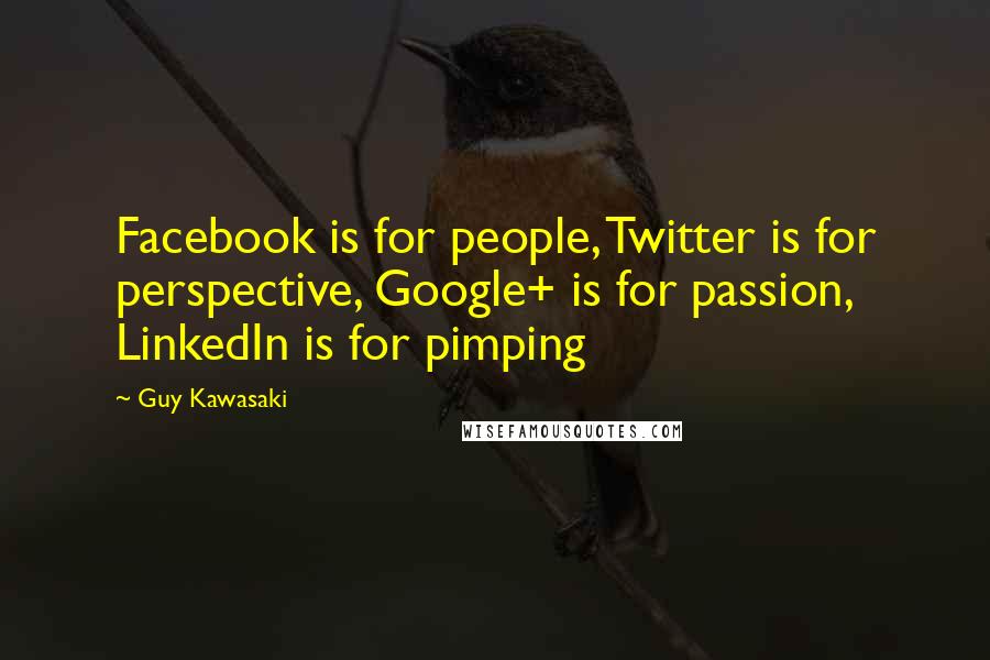 Guy Kawasaki Quotes: Facebook is for people, Twitter is for perspective, Google+ is for passion, LinkedIn is for pimping
