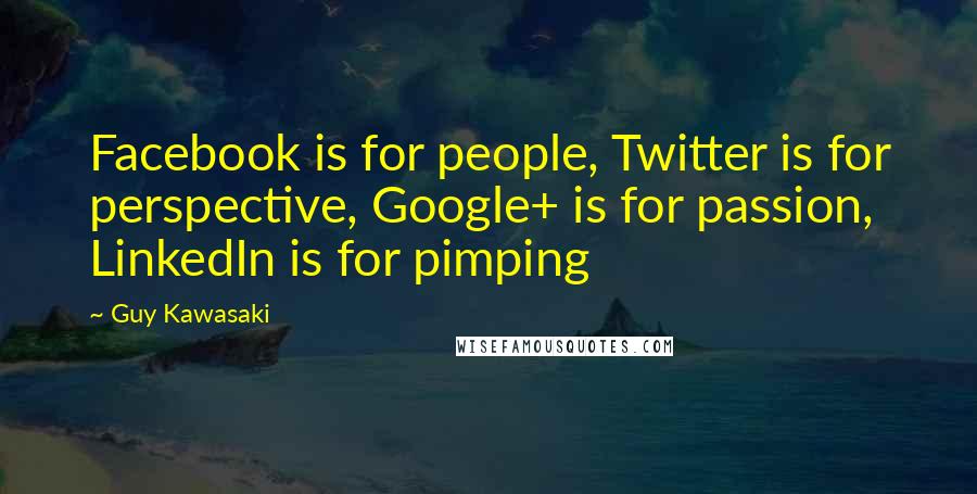 Guy Kawasaki Quotes: Facebook is for people, Twitter is for perspective, Google+ is for passion, LinkedIn is for pimping