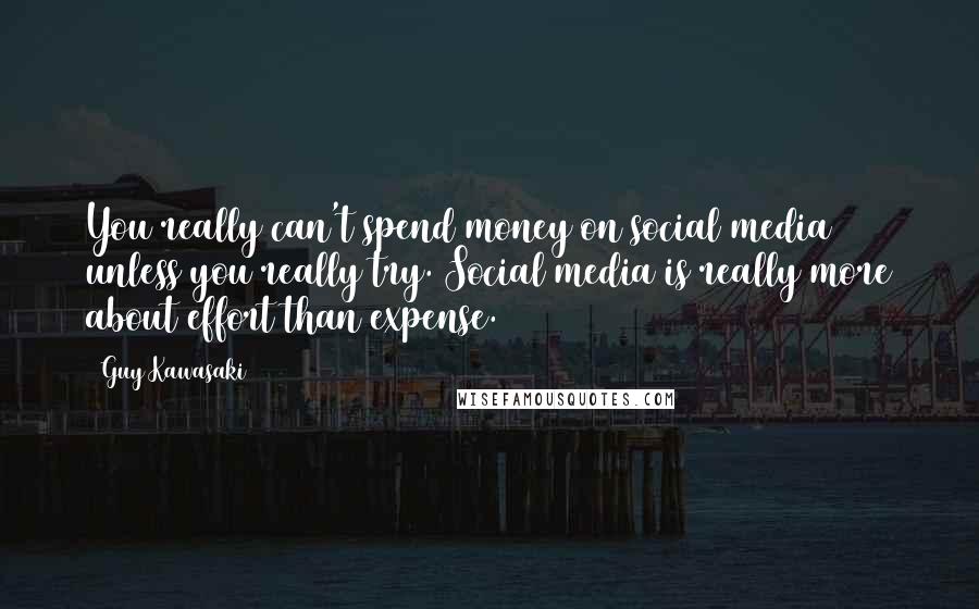 Guy Kawasaki Quotes: You really can't spend money on social media unless you really try. Social media is really more about effort than expense.