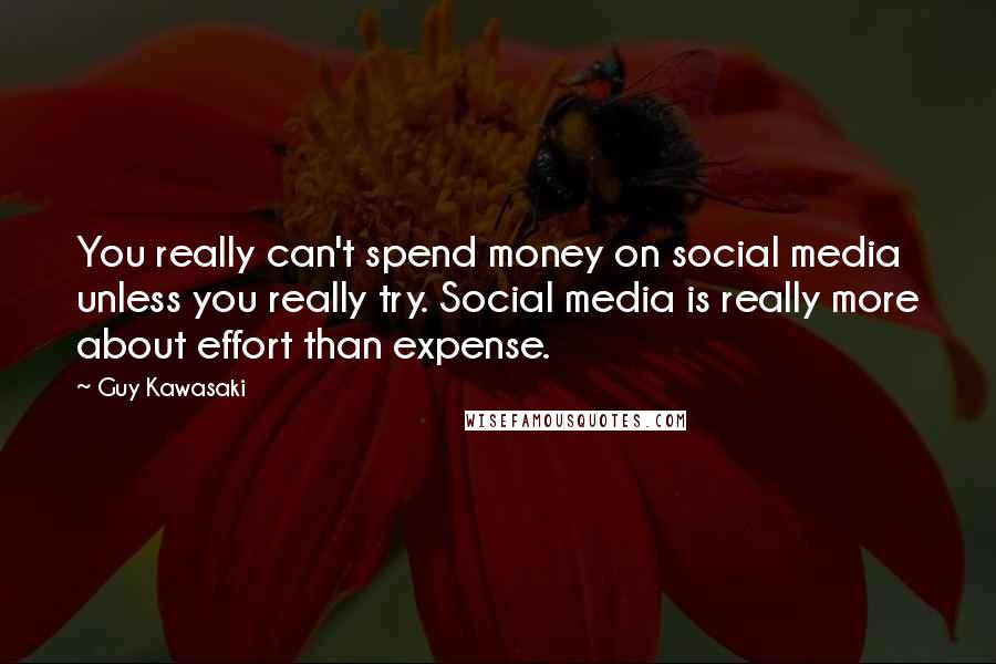 Guy Kawasaki Quotes: You really can't spend money on social media unless you really try. Social media is really more about effort than expense.