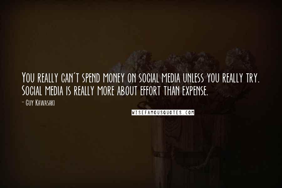 Guy Kawasaki Quotes: You really can't spend money on social media unless you really try. Social media is really more about effort than expense.