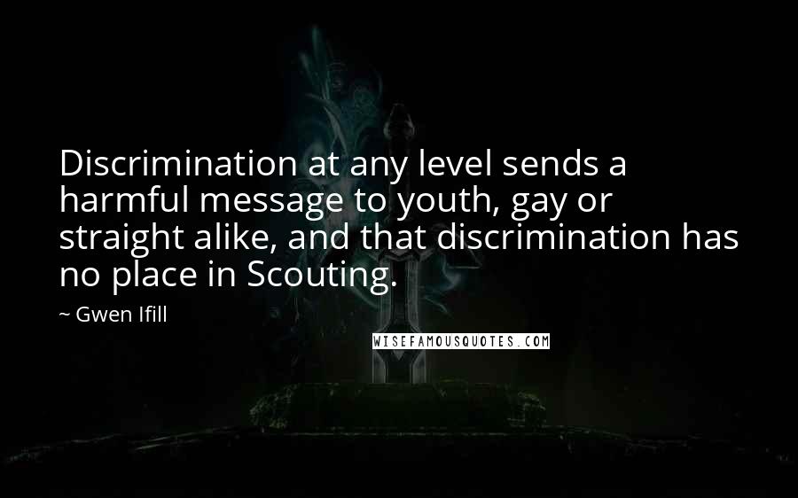 Gwen Ifill Quotes: Discrimination at any level sends a harmful message to youth, gay or straight alike, and that discrimination has no place in Scouting.