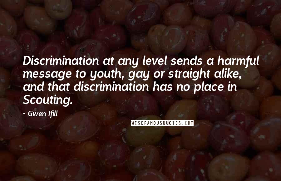 Gwen Ifill Quotes: Discrimination at any level sends a harmful message to youth, gay or straight alike, and that discrimination has no place in Scouting.