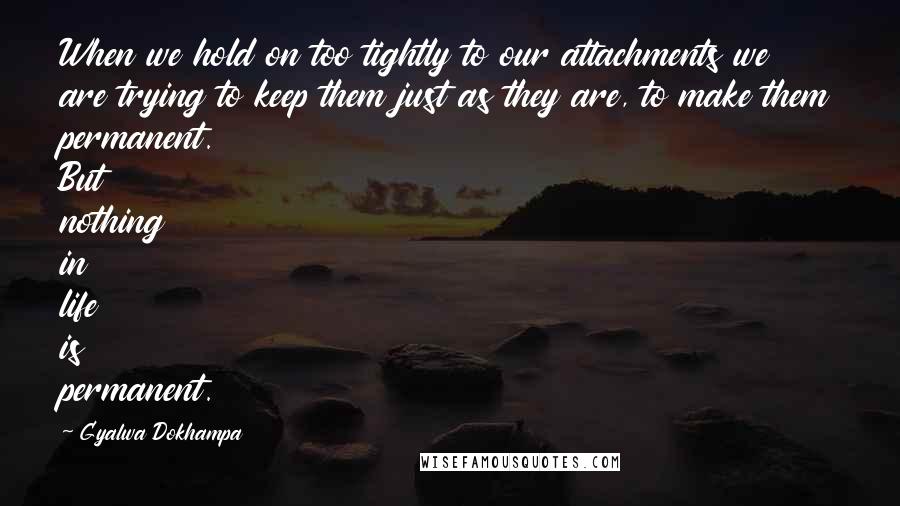 Gyalwa Dokhampa Quotes: When we hold on too tightly to our attachments we are trying to keep them just as they are, to make them permanent. But nothing in life is permanent.