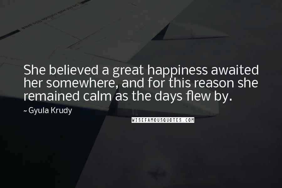 Gyula Krudy Quotes: She believed a great happiness awaited her somewhere, and for this reason she remained calm as the days flew by.