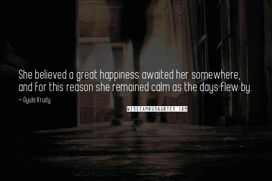 Gyula Krudy Quotes: She believed a great happiness awaited her somewhere, and for this reason she remained calm as the days flew by.