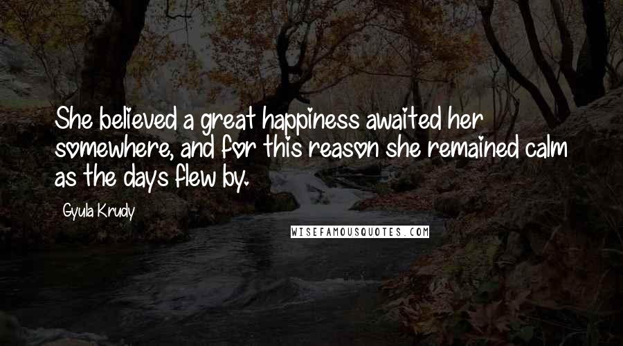 Gyula Krudy Quotes: She believed a great happiness awaited her somewhere, and for this reason she remained calm as the days flew by.