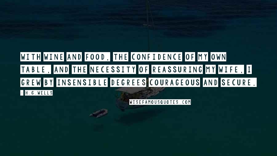 H.G.Wells Quotes: With wine and food, the confidence of my own table, and the necessity of reassuring my wife, I grew by insensible degrees courageous and secure.