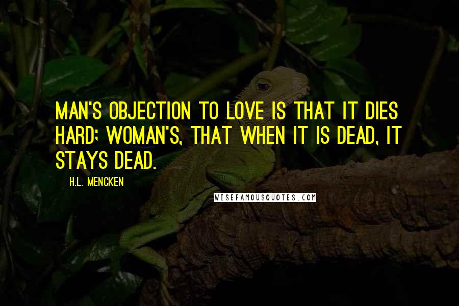 H.L. Mencken Quotes: Man's objection to love is that it dies hard; woman's, that when it is dead, it stays dead.