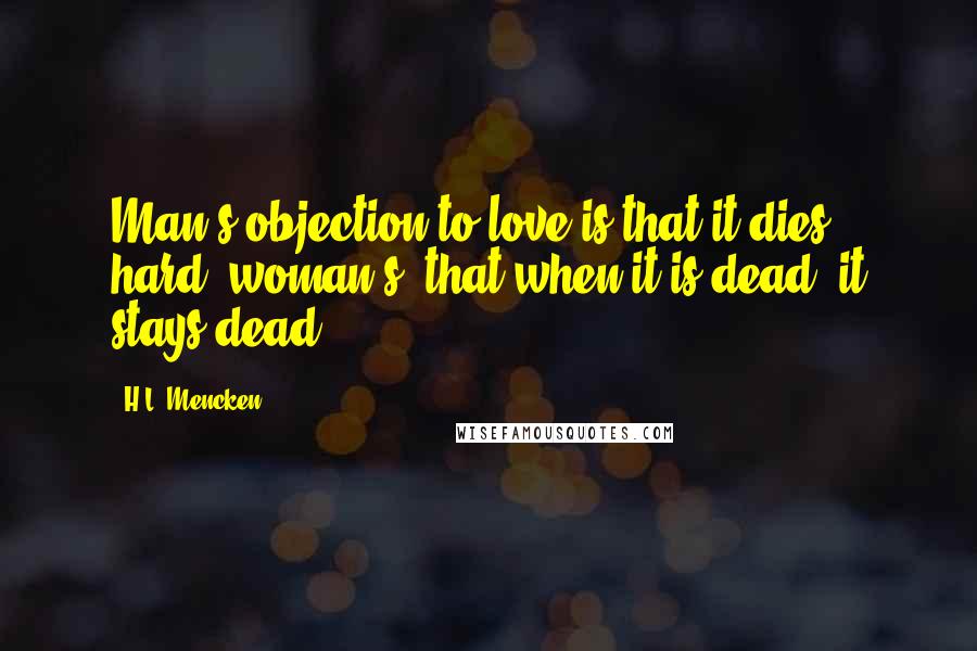 H.L. Mencken Quotes: Man's objection to love is that it dies hard; woman's, that when it is dead, it stays dead.