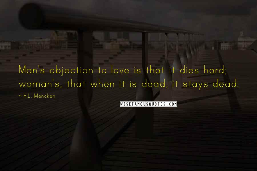 H.L. Mencken Quotes: Man's objection to love is that it dies hard; woman's, that when it is dead, it stays dead.