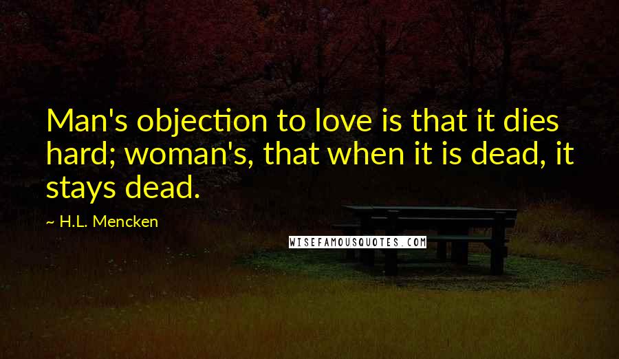 H.L. Mencken Quotes: Man's objection to love is that it dies hard; woman's, that when it is dead, it stays dead.