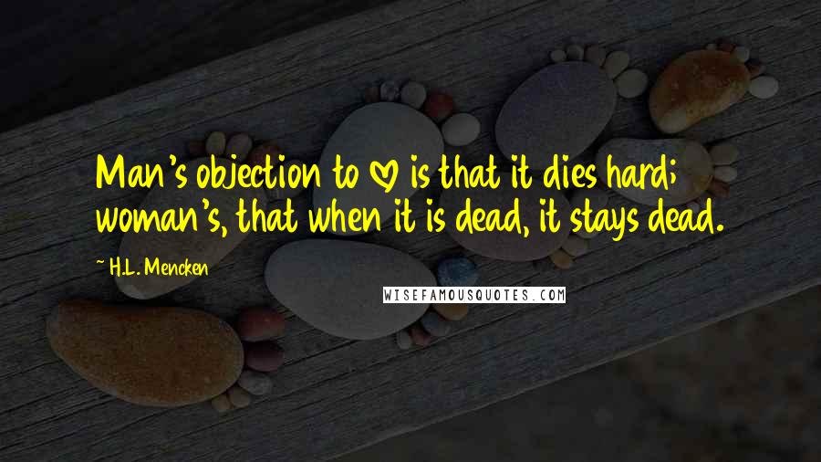 H.L. Mencken Quotes: Man's objection to love is that it dies hard; woman's, that when it is dead, it stays dead.