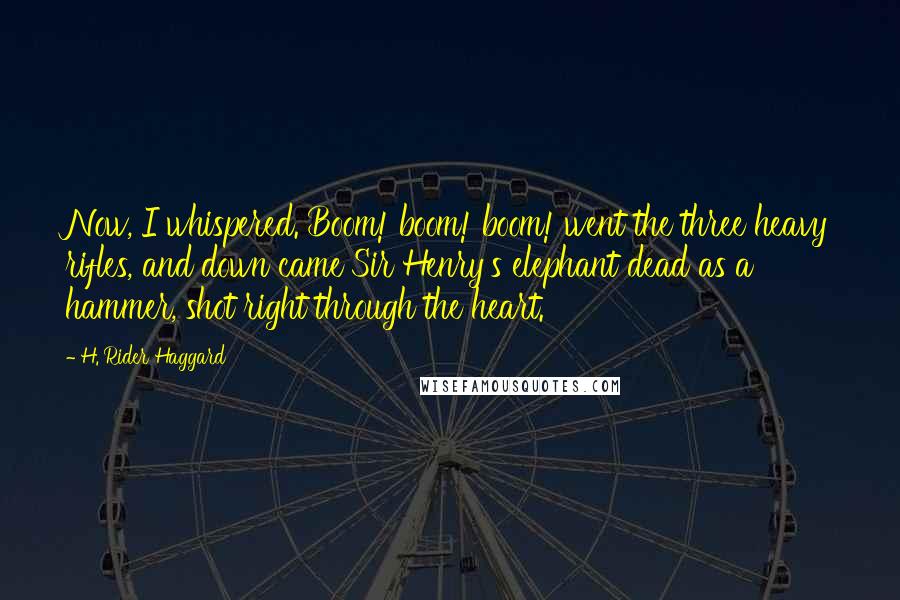 H. Rider Haggard Quotes: Now, I whispered. Boom! boom! boom! went the three heavy rifles, and down came Sir Henry's elephant dead as a hammer, shot right through the heart.