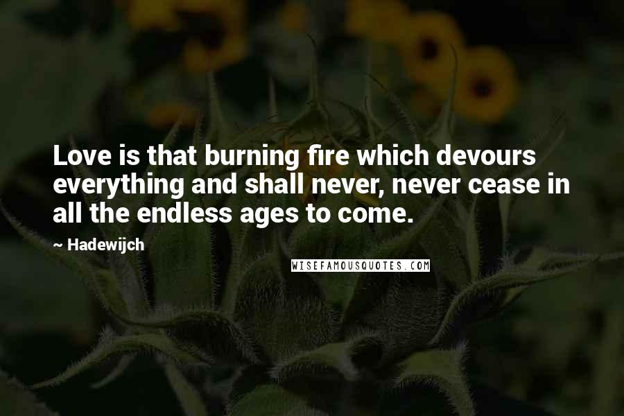 Hadewijch Quotes: Love is that burning fire which devours everything and shall never, never cease in all the endless ages to come.