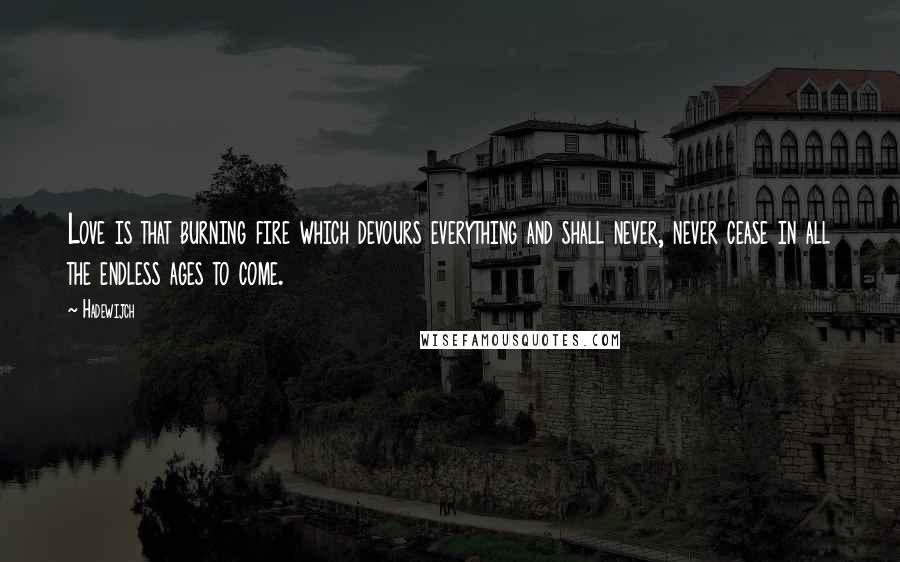 Hadewijch Quotes: Love is that burning fire which devours everything and shall never, never cease in all the endless ages to come.