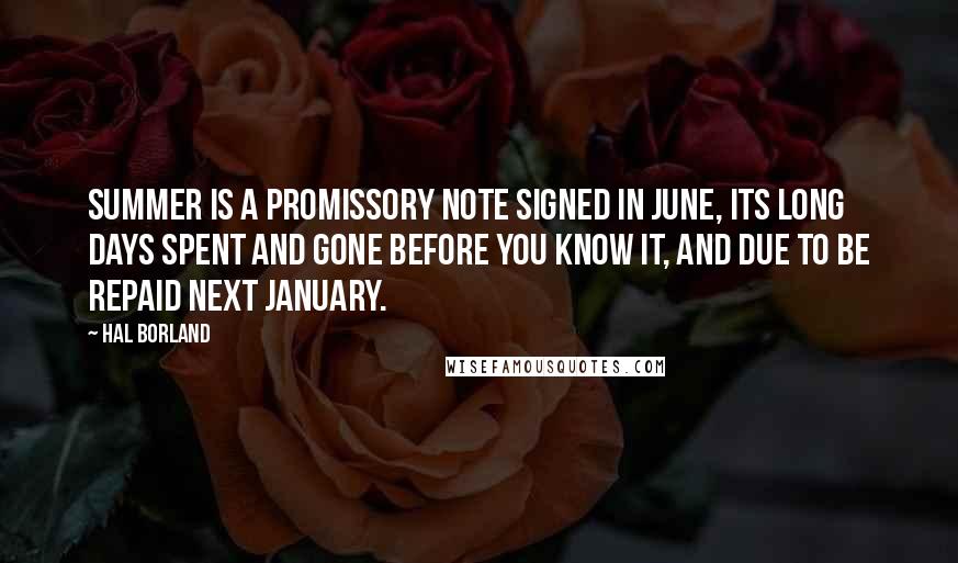 Hal Borland Quotes: Summer is a promissory note signed in June, its long days spent and gone before you know it, and due to be repaid next January.