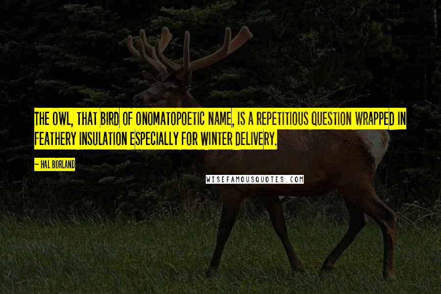 Hal Borland Quotes: The owl, that bird of onomatopoetic name, is a repetitious question wrapped in feathery insulation especially for Winter delivery.