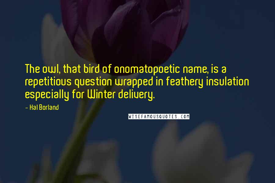 Hal Borland Quotes: The owl, that bird of onomatopoetic name, is a repetitious question wrapped in feathery insulation especially for Winter delivery.