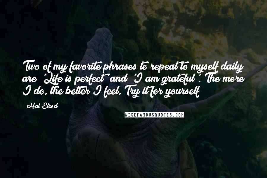 Hal Elrod Quotes: Two of my favorite phrases to repeat to myself daily are 'Life is perfect' and 'I am grateful'. The more I do, the better I feel. Try it for yourself!