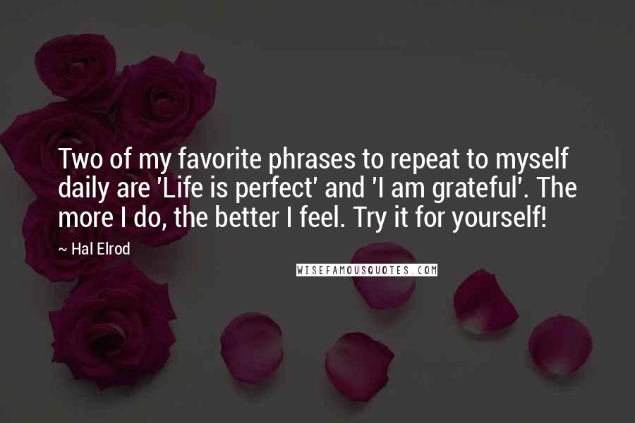 Hal Elrod Quotes: Two of my favorite phrases to repeat to myself daily are 'Life is perfect' and 'I am grateful'. The more I do, the better I feel. Try it for yourself!