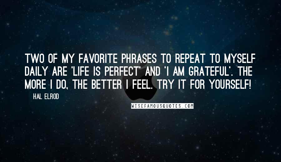 Hal Elrod Quotes: Two of my favorite phrases to repeat to myself daily are 'Life is perfect' and 'I am grateful'. The more I do, the better I feel. Try it for yourself!