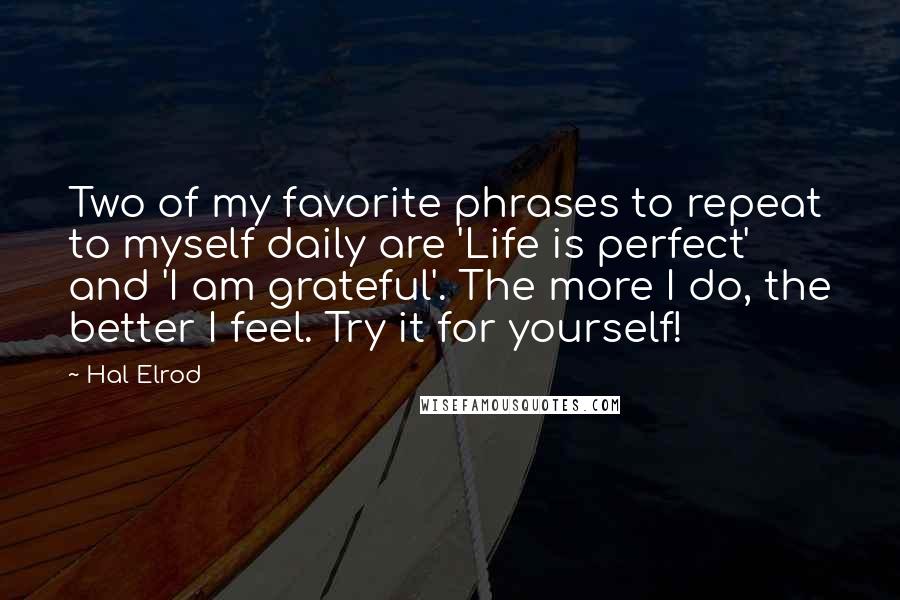 Hal Elrod Quotes: Two of my favorite phrases to repeat to myself daily are 'Life is perfect' and 'I am grateful'. The more I do, the better I feel. Try it for yourself!