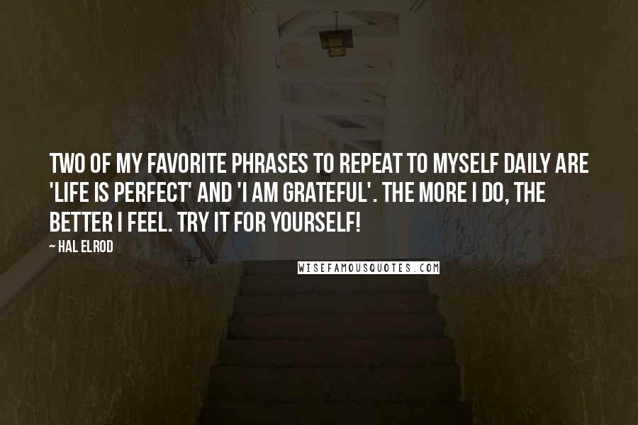 Hal Elrod Quotes: Two of my favorite phrases to repeat to myself daily are 'Life is perfect' and 'I am grateful'. The more I do, the better I feel. Try it for yourself!