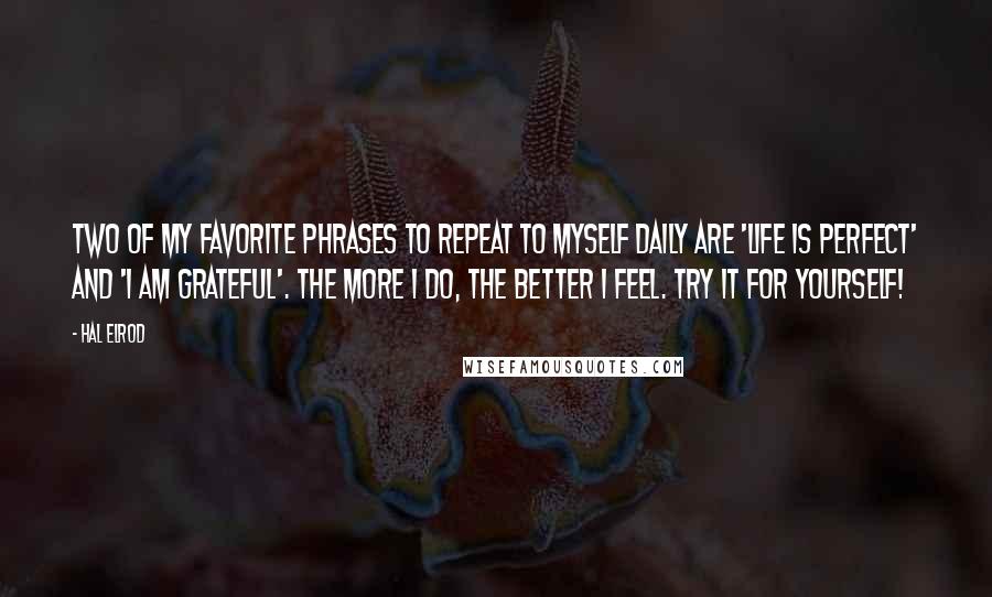 Hal Elrod Quotes: Two of my favorite phrases to repeat to myself daily are 'Life is perfect' and 'I am grateful'. The more I do, the better I feel. Try it for yourself!