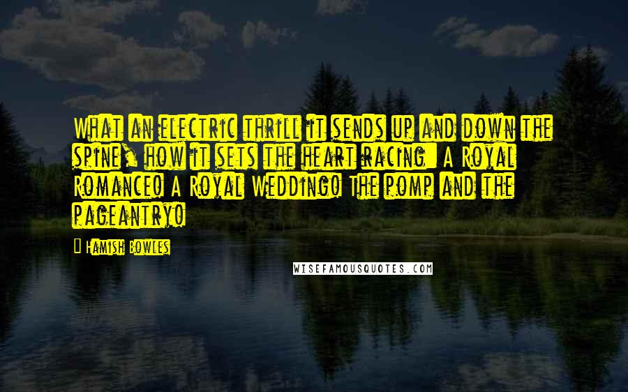 Hamish Bowles Quotes: What an electric thrill it sends up and down the spine, how it sets the heart racing: A Royal Romance! A Royal Wedding! The pomp and the pageantry!