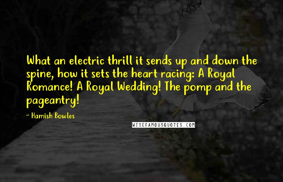 Hamish Bowles Quotes: What an electric thrill it sends up and down the spine, how it sets the heart racing: A Royal Romance! A Royal Wedding! The pomp and the pageantry!