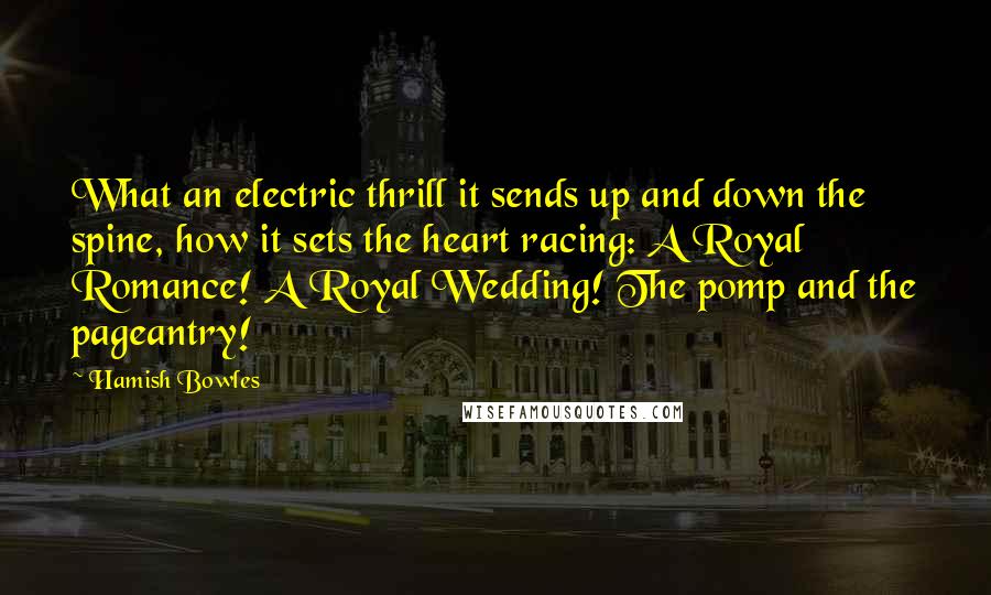 Hamish Bowles Quotes: What an electric thrill it sends up and down the spine, how it sets the heart racing: A Royal Romance! A Royal Wedding! The pomp and the pageantry!