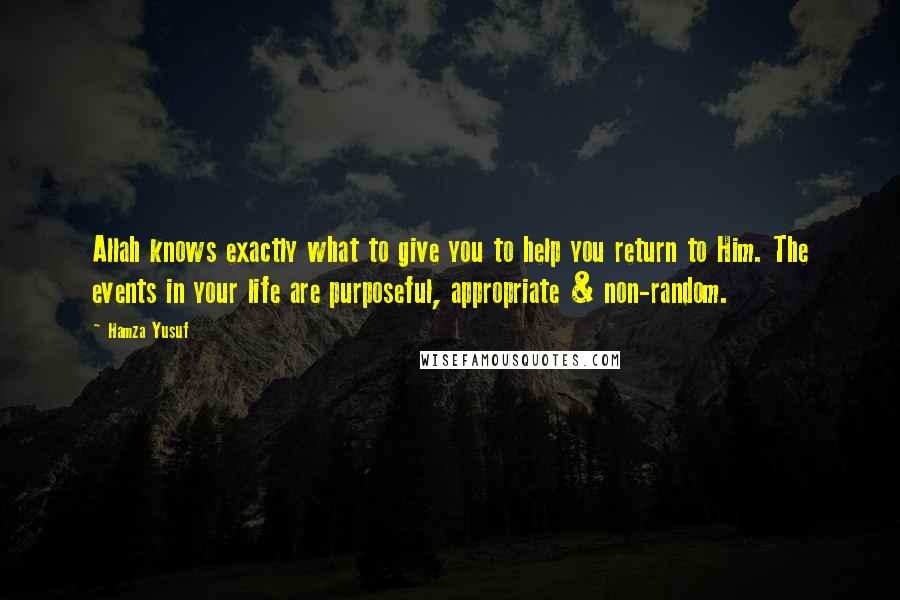 Hamza Yusuf Quotes: Allah knows exactly what to give you to help you return to Him. The events in your life are purposeful, appropriate & non-random.