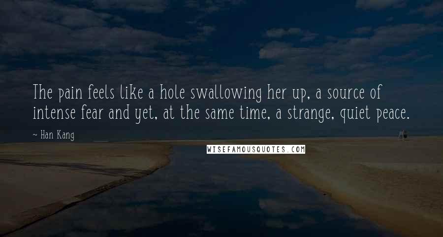 Han Kang Quotes: The pain feels like a hole swallowing her up, a source of intense fear and yet, at the same time, a strange, quiet peace.
