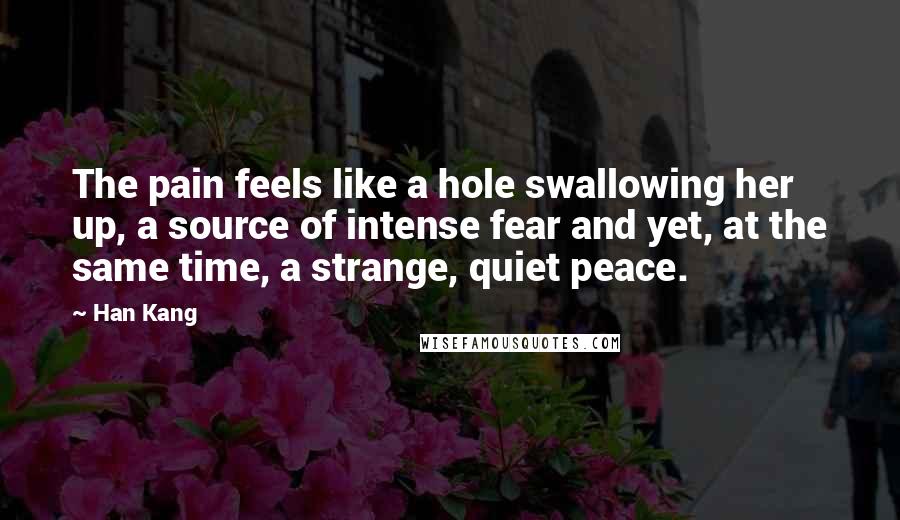 Han Kang Quotes: The pain feels like a hole swallowing her up, a source of intense fear and yet, at the same time, a strange, quiet peace.