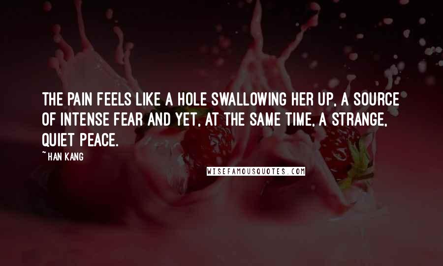 Han Kang Quotes: The pain feels like a hole swallowing her up, a source of intense fear and yet, at the same time, a strange, quiet peace.