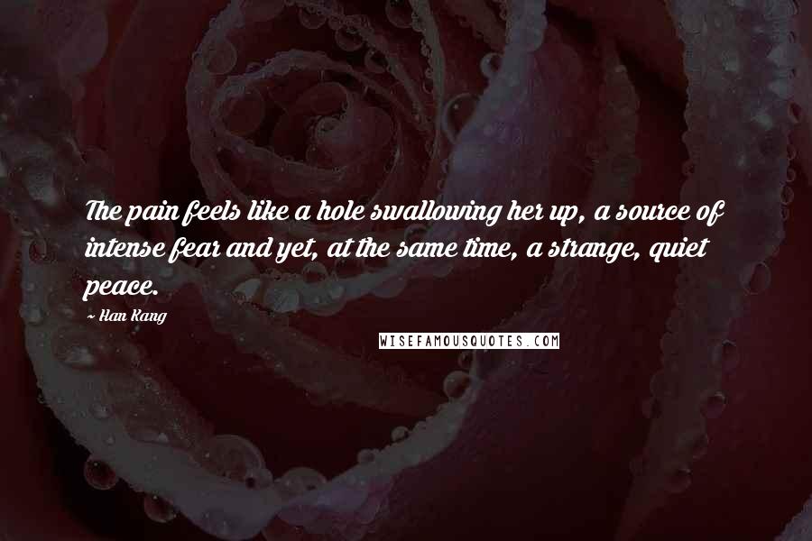 Han Kang Quotes: The pain feels like a hole swallowing her up, a source of intense fear and yet, at the same time, a strange, quiet peace.