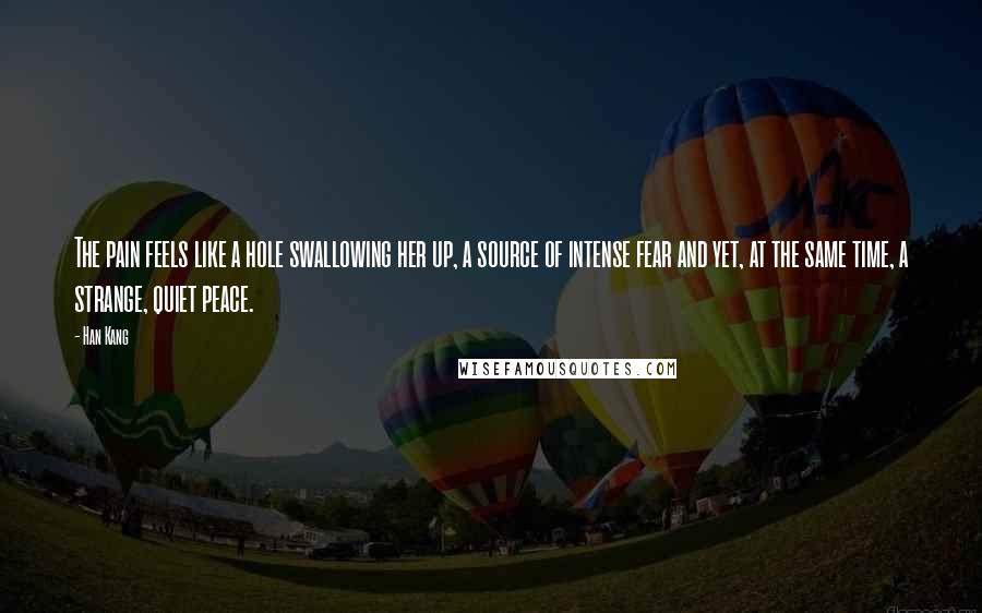 Han Kang Quotes: The pain feels like a hole swallowing her up, a source of intense fear and yet, at the same time, a strange, quiet peace.